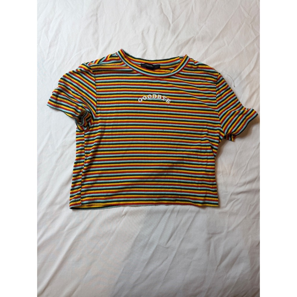 Forever 21 Women Large Ribbed Striped Crop Top Goodbye Graphic Tee Multi Color